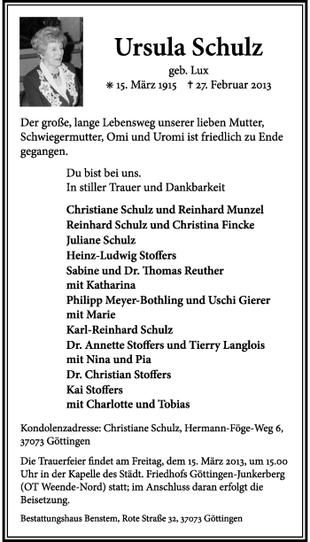 Anzeige  Ursula Schulz  Lippische Landes-Zeitung