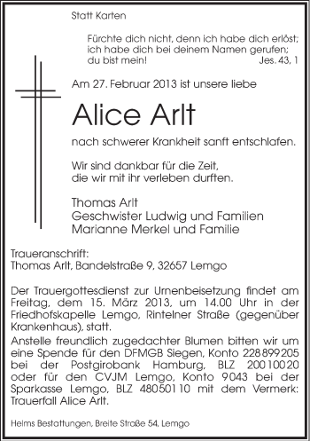 Anzeige  Alice Arlt  Lippische Landes-Zeitung