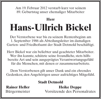 Anzeige  Hans-Ullrich Bickel  Lippische Landes-Zeitung