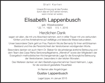 Anzeige  Elisabeth Lappenbusch  Lippische Landes-Zeitung