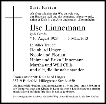 Anzeige  Ilse Linnemann  Lippische Landes-Zeitung