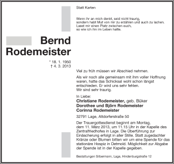 Anzeige  Bernd Rodemeister  Lippische Landes-Zeitung