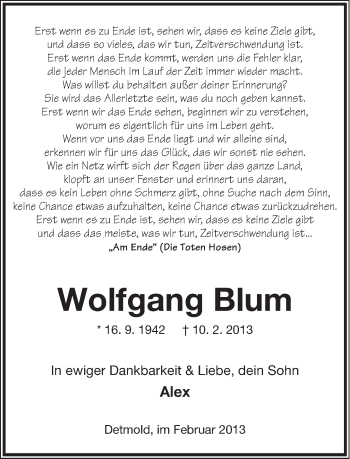 Anzeige  Wolfgang Blum  Lippische Landes-Zeitung