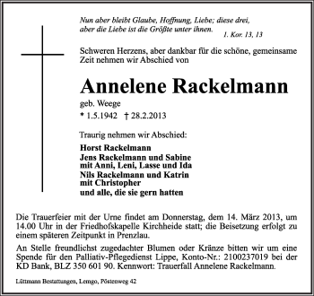 Anzeige  Annelene Rackelmann  Lippische Landes-Zeitung