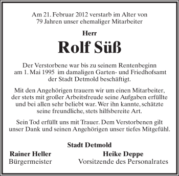 Anzeige  Rolf Süß  Lippische Landes-Zeitung