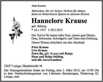 Anzeige  Hannelore Krause  Lippische Landes-Zeitung