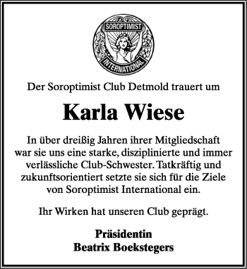 Anzeige  Karla Wiese  Lippische Landes-Zeitung