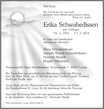 Anzeige  Erika Schwabedissen  Lippische Landes-Zeitung