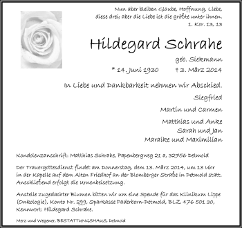 Anzeige  Hildegard Schrahe  Lippische Landes-Zeitung