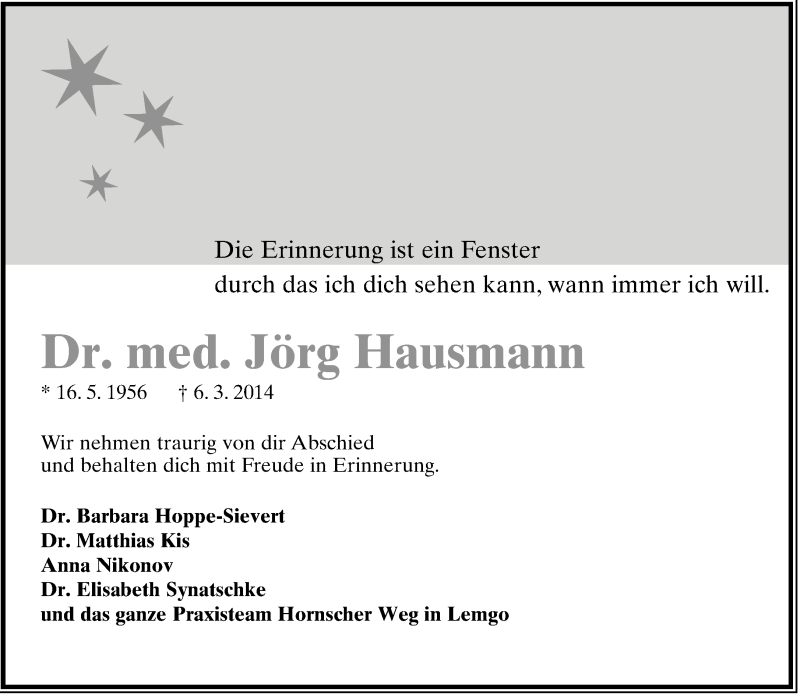  Traueranzeige für Jörg Hausmann vom 08.03.2014 aus Lippische Landes-Zeitung