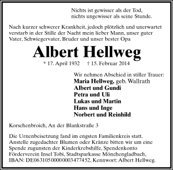 Anzeige  Albert Hellweg  Lippische Landes-Zeitung