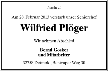Anzeige  Wilfried Plöger  Lippische Landes-Zeitung