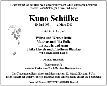 Anzeige  Kuno Schülke  Lippische Landes-Zeitung