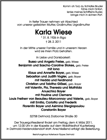 Anzeige  Karla Wiese  Lippische Landes-Zeitung