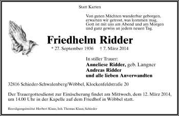 Anzeige  Friedhelm Ridder  Lippische Landes-Zeitung