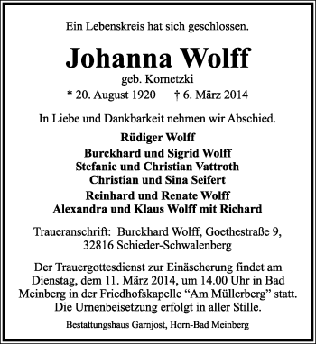 Anzeige  Johanna Wolff  Lippische Landes-Zeitung