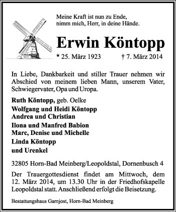 Anzeige  Erwin Köntopp  Lippische Landes-Zeitung