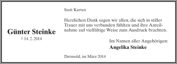 Anzeige  Günter Steinke  Lippische Landes-Zeitung