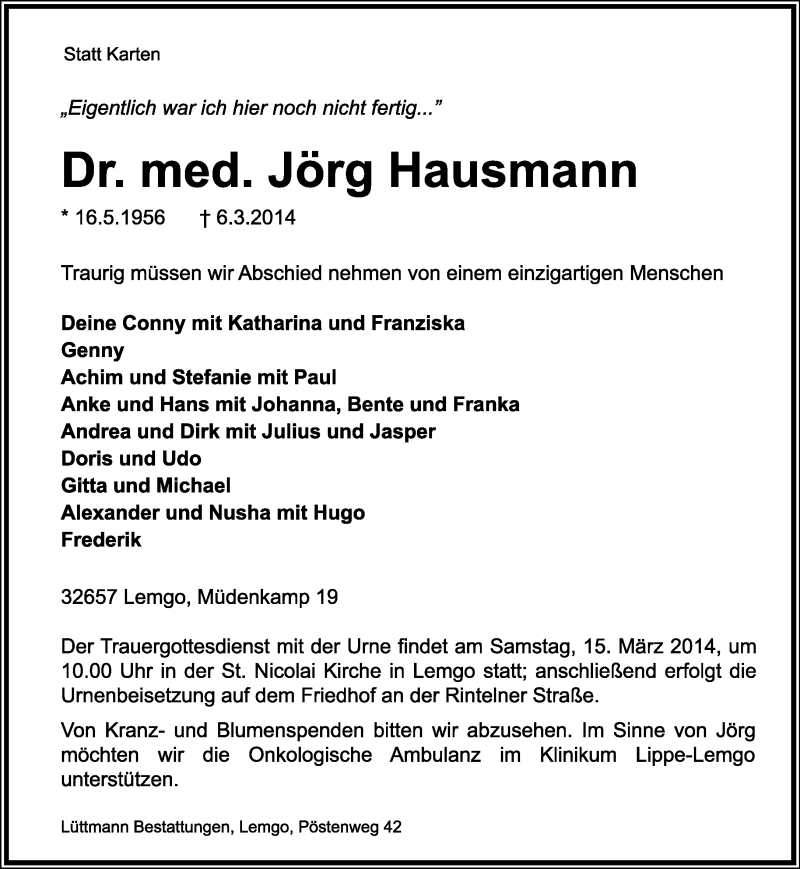  Traueranzeige für Jörg Hausmann vom 10.03.2014 aus Lippische Landes-Zeitung