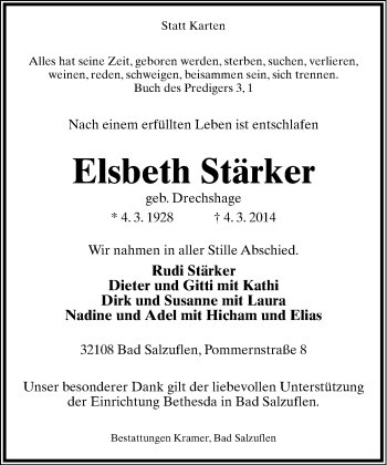 Anzeige  Elsbeth Stärker  Lippische Landes-Zeitung