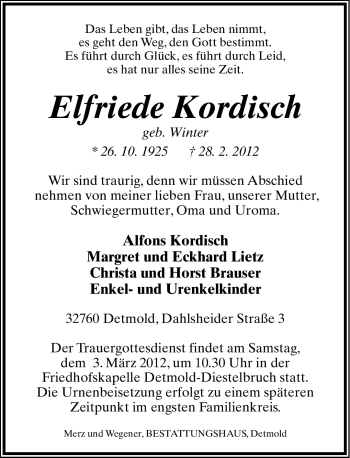 Anzeige  Elfriede Kordisch  Lippische Landes-Zeitung
