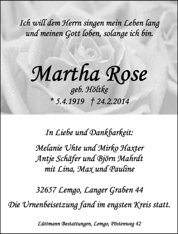 Anzeige  Martha Rose  Lippische Landes-Zeitung