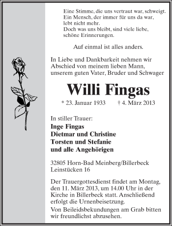 Anzeige  Willi Fingas  Lippische Landes-Zeitung