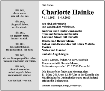 Anzeige  Charlotte Hainke  Lippische Landes-Zeitung