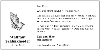 Anzeige  Waltraut Schlinkheider  Lippische Landes-Zeitung