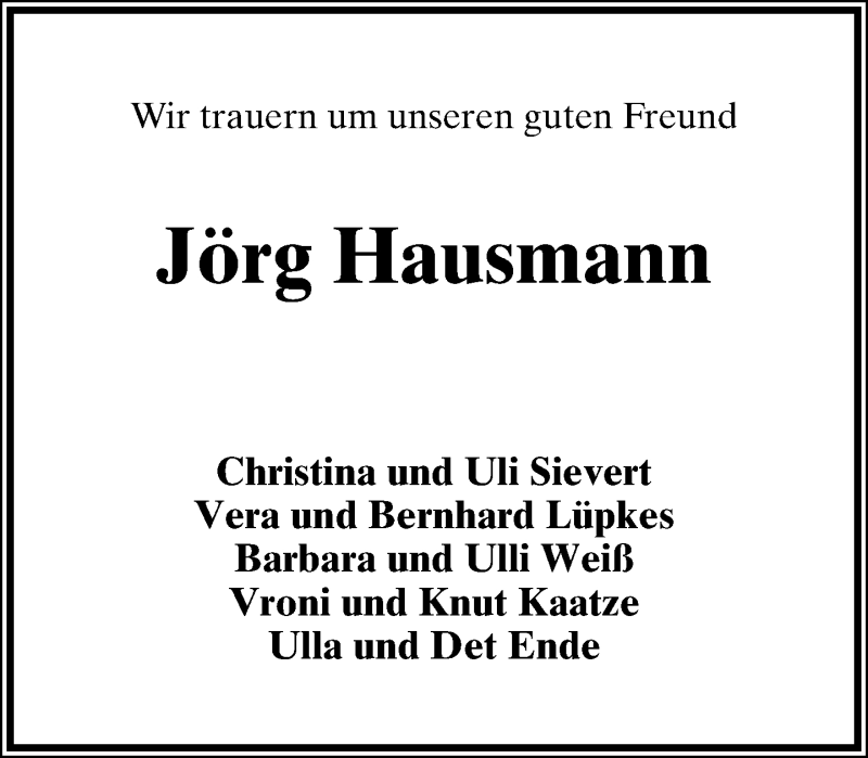  Traueranzeige für Jörg Hausmann vom 12.03.2014 aus Lippische Landes-Zeitung