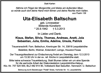 Anzeige  Uta-Elisabeth Baltschun  Lippische Landes-Zeitung
