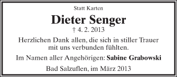Anzeige  Dieter Senger  Lippische Landes-Zeitung