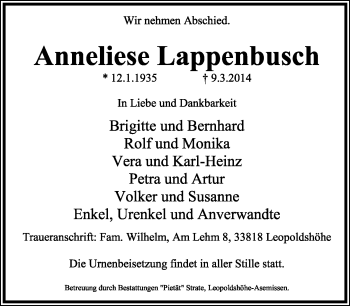 Anzeige  Anneliese Lappenbusch  Lippische Landes-Zeitung