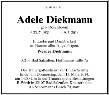 Anzeige  Adele Diekmann  Lippische Landes-Zeitung