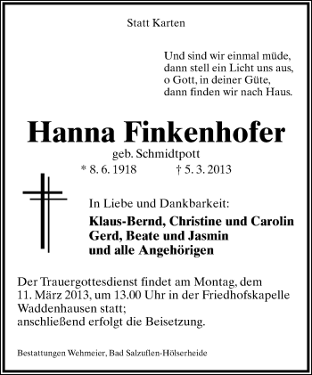 Anzeige  Hanna Finkenhofer  Lippische Landes-Zeitung