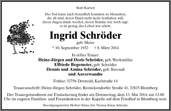 Anzeige  Ingrid Schröder  Lippische Landes-Zeitung