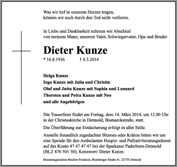 Anzeige  Dieter Kunze  Lippische Landes-Zeitung