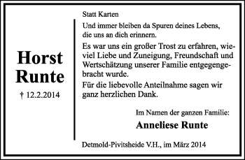 Anzeige  Horst Runte  Lippische Landes-Zeitung