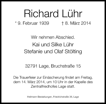 Anzeige  Richard Lühr  Lippische Landes-Zeitung