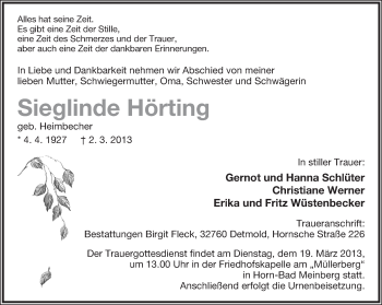 Anzeige  Siglinde Hörting  Lippische Landes-Zeitung