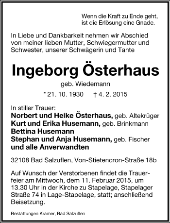 Anzeige  Ingeborg Österhaus  Lippische Landes-Zeitung