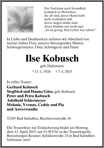 Anzeige  Ilse Kobusch  Lippische Landes-Zeitung