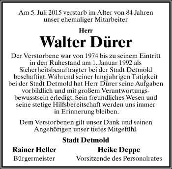 Anzeige  Walter Dürer  Lippische Landes-Zeitung
