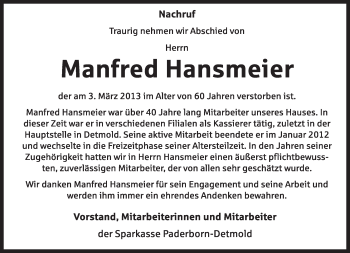 Anzeige  Manfred Hansmeier  Lippische Landes-Zeitung