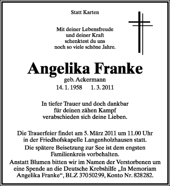 Anzeige  Angelika Franke  Lippische Landes-Zeitung