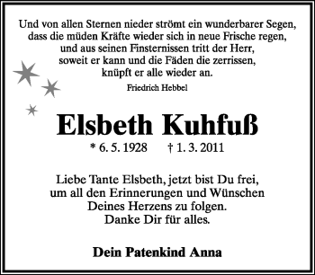 Anzeige  Elsbeth Kuhfuß  Lippische Landes-Zeitung