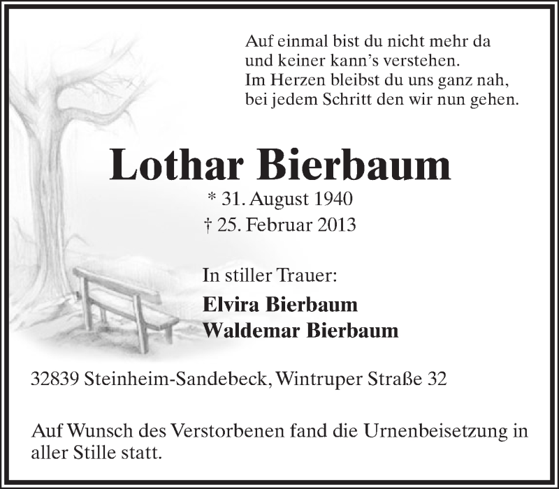  Traueranzeige für Lothar Bierbaum vom 09.03.2013 aus Lippische Landes-Zeitung