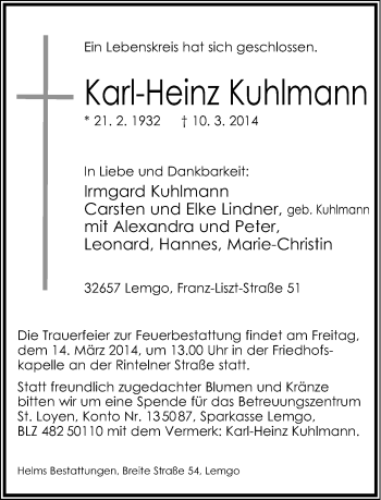 Anzeige  Karl-Heinz Kuhlmann  Lippische Landes-Zeitung