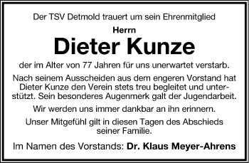 Anzeige  Dieter Kunze  Lippische Landes-Zeitung