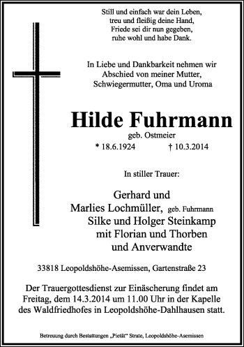Anzeige  Hilde Fuhrmann  Lippische Landes-Zeitung